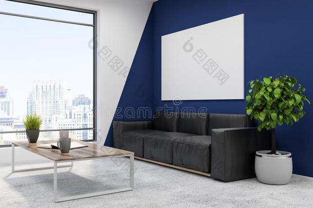 白色的蓝色办公室等候房间,黑的沙发,海报