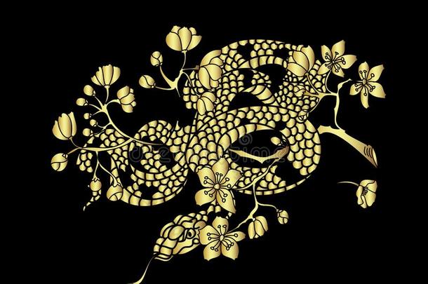 金蛇文身和说明设计和樱花树枝