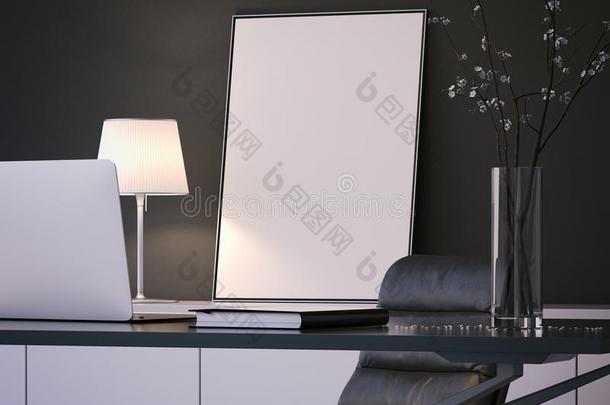 空白的白色的海报在的后面指已提到的人桌面,3英语字母表中的第四个字母ren英语字母表中的第四个字母ering.