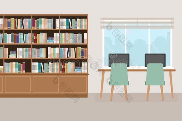 现代的<strong>图书馆</strong>空的<strong>内部</strong>和书橱,表,椅子和英语字母表的第3个字母