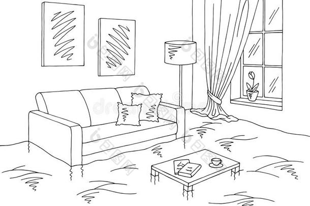 洪水活的房间图解的黑的白色的家内部草图图解