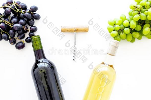 作品和葡萄酒瓶子.红色的和白色的葡萄酒瓶子,束