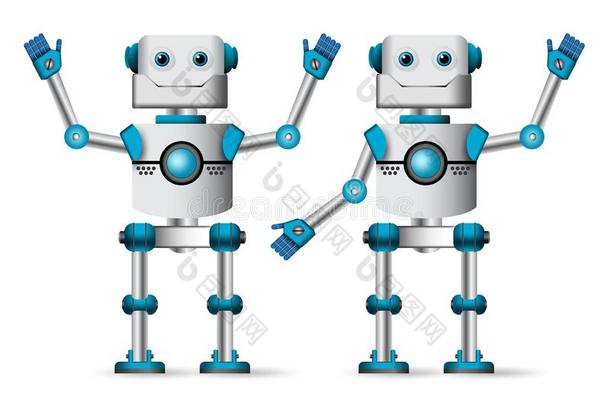 机器人字符放置.白色的电子人吉祥物起立和豁免