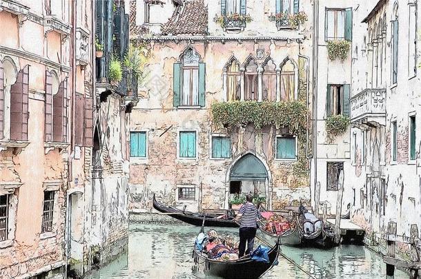 狭长小船和古代的建筑物采用一采用nerch一nnel,威尼斯,It一ly