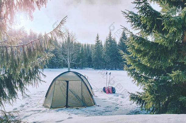 野营向雪.帐篷build的过去式和过去分词采用指已提到的人新鲜的雪.