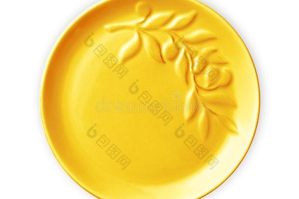空的制陶术盘子,黄色的盘子和花的模式,看法France法国
