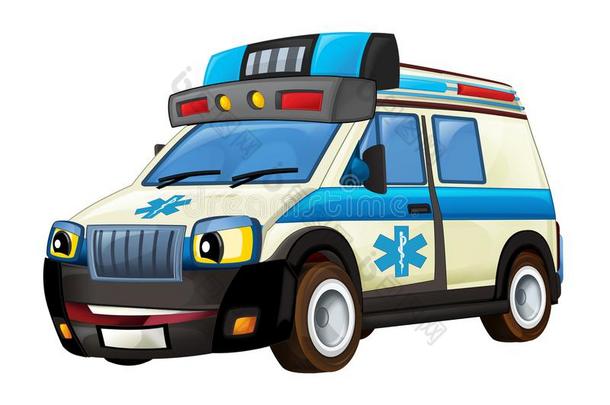 漫画地点和有趣的救护车货车向白色的背景