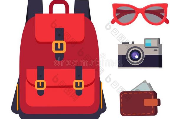 背包和旅行的衣物和装备矢量说明