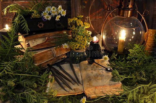 仍生活和书和魔法拼写,草本植物,黑的蜡烛一