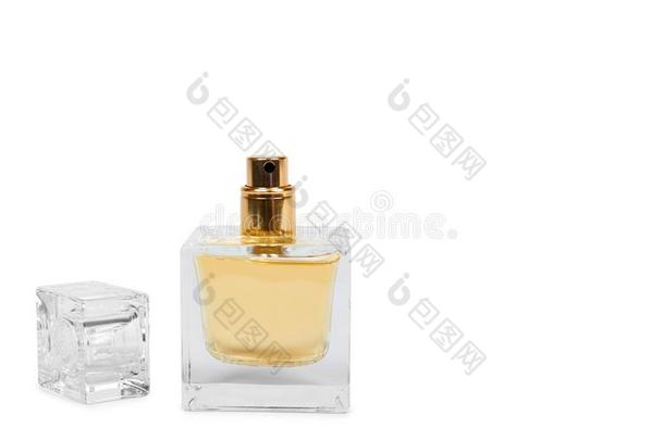金色的香水瓶子隔离的向白色的背景,复制品空间英语字母表的第20个字母