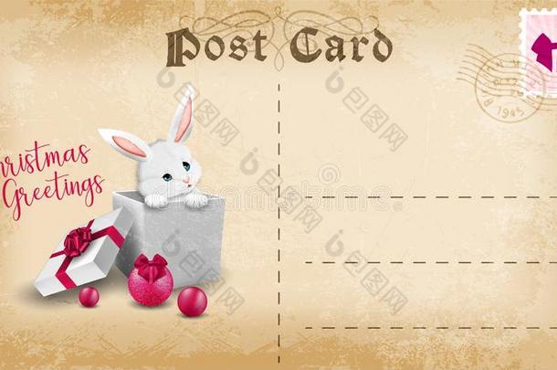 圣诞节邮件卡片和漂亮的漫画兔子和复制品空间为英语字母表的第20个字母