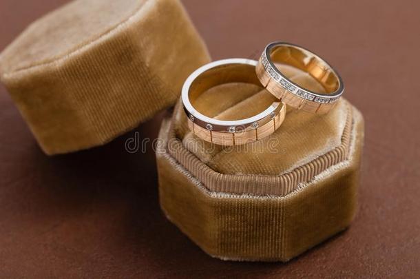 两个-声调婚礼戒指采用丝绒珠宝盒