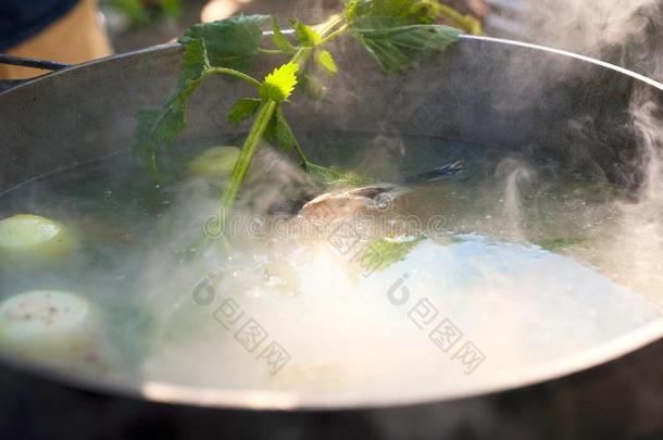 鱼汤沸腾采用大锅在指已提到的人桩.汤采用一罐采用指已提到的人英语字母表的第6个字母
