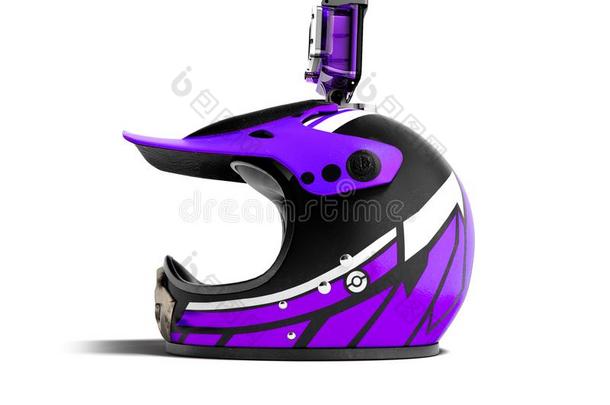 现代的紫色的<strong>摩托车</strong>头盔和紫色的行动照相机左边的3