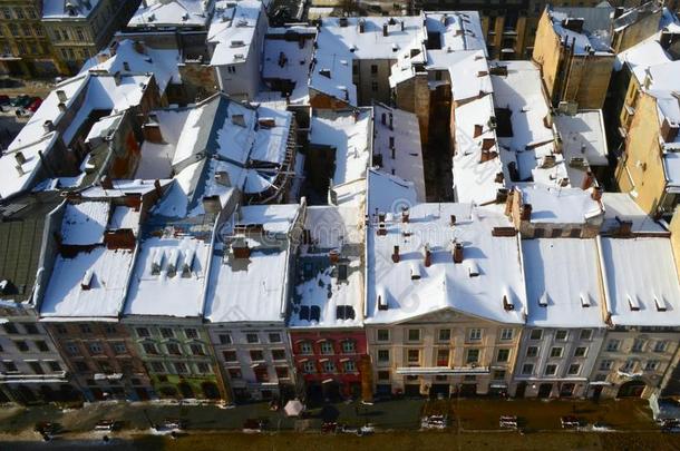 冬全景画关于左心室梗塞面积大量的在旁边雪,乌克兰.左心室梗塞面积利沃夫,东