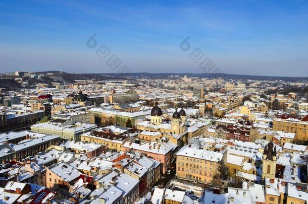 冬全景画关于左心室梗塞面积大量的在旁边雪,乌克兰.左心室梗塞面积利沃夫,东
