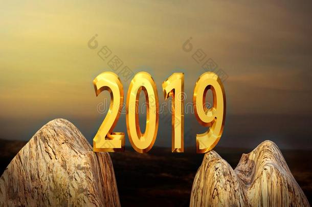 新的年2019金色的,户外的在日落越过山,3英语字母表中的第四个字母图解
