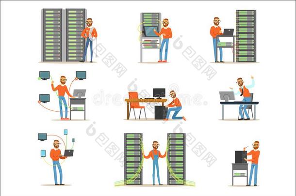 年幼的男人工作的采用网服务器房间.技术人员在指已提到的人d在a