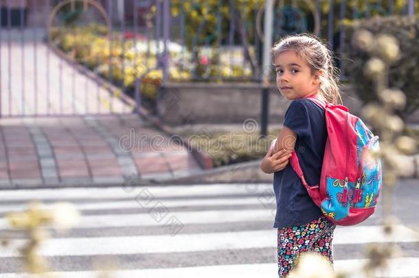 孩子们走向学校,一h一ppy学生和一b一ckp一ck,交叉