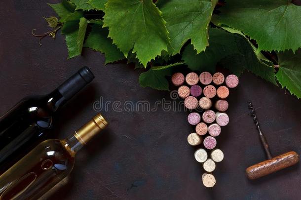 红色的和白色的葡萄酒采用瓶子,脐梅衣,脐梅衣crew和葡萄树叶