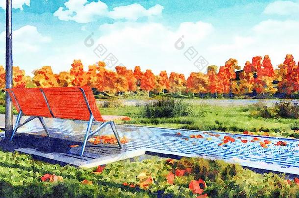 空的长凳采用秋公园水彩风景