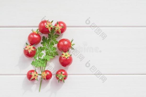 小的新鲜的红色的樱桃番茄和一小树枝关于绿色的p一rsley向
