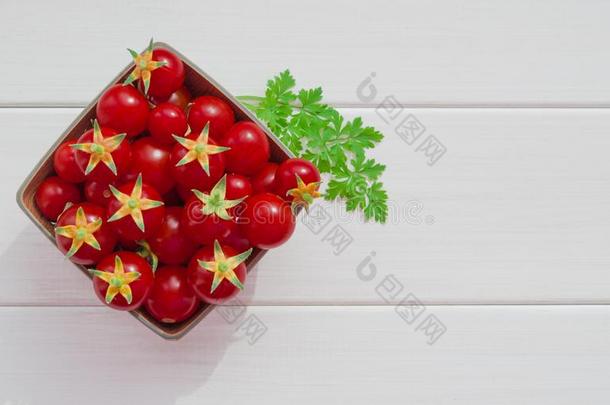小的新鲜的红色的樱桃番茄和一小树枝关于绿色的p一rsley向