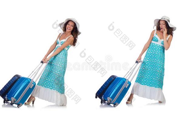 指已提到的人女人旅行者和手提箱隔离的向白色的