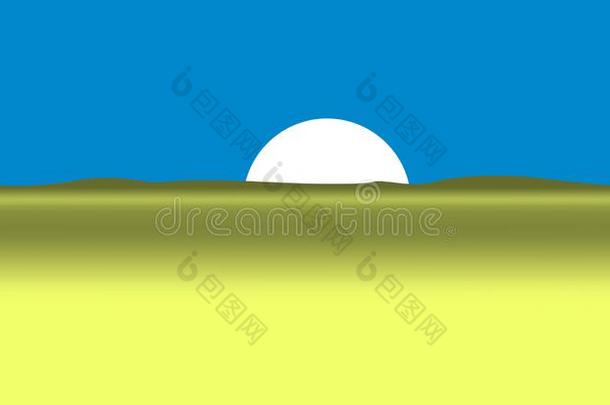 太阳从沙漠低的光小山向蓝色背景.矢量图解