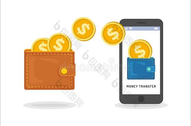 钱使转移在之间钱包和智能手机,平的款式.vect
