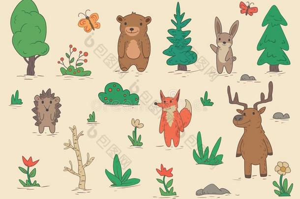 放置关于有趣的动物字符起立经过树和灌木.