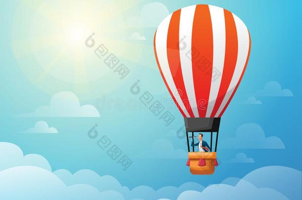 商人采用热的天空气球搜寻向成功采用明亮的一天.