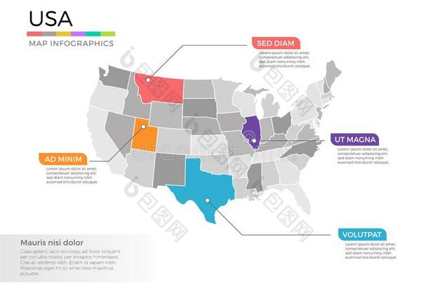 美利坚合众国统一的国家关于阿米莉亚地图信息图表矢量样板机智