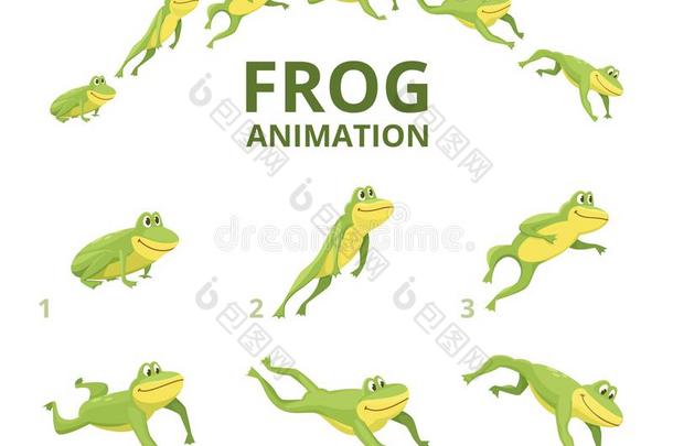 青蛙用于跳跃的生气.各种各样的关键帧为绿色的动物