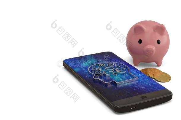 财政的象征和聪明的电话和小猪银行向白色的后面