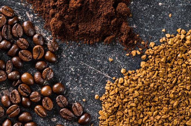 咖啡豆豆,地面咖啡豆和瞬间咖啡豆.