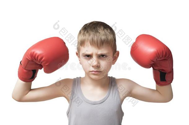 生气的男孩采用<strong>红色</strong>的box采用g<strong>拳击</strong>手套.隔离的