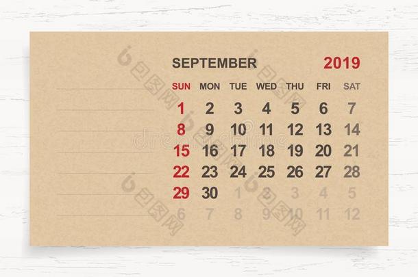 九月2019-<strong>每月</strong>的日历向棕色的纸和木材后面