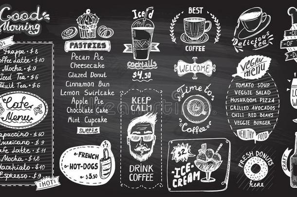 咖啡馆菜单黑板设计放置,手疲惫的线条图解的illust