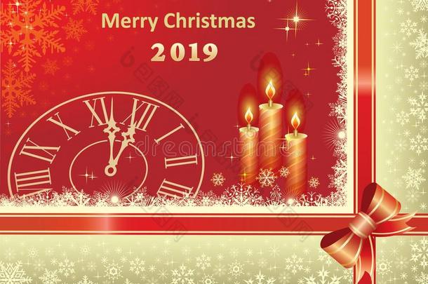 圣诞节2019.圣诞节卡片和蜡烛向一红色的b一ckground