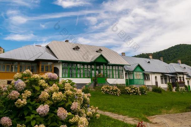 老的典型的罗马尼亚人住宅建筑物的正面和描画的木材门和wickets三柱门