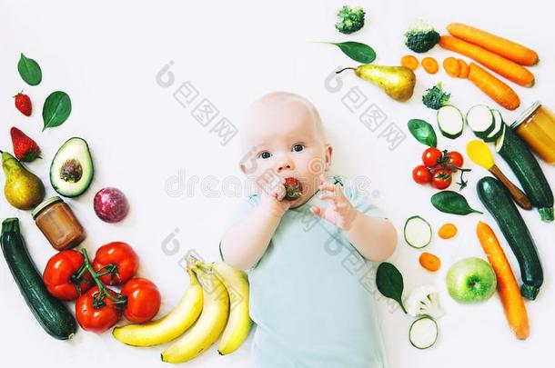 健康的婴儿小孩营养,食物背景,顶看法.