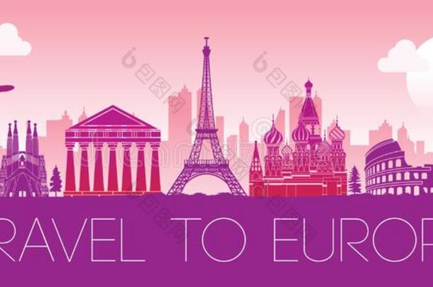顶著名的陆标关于欧洲,轮廓设计粉红色的颜色
