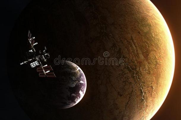 巨人外星球和绿色的月亮.空间车站采用深的空间.elevation仰角