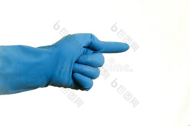 一手采用一蓝色手套向一白色的b一ckground