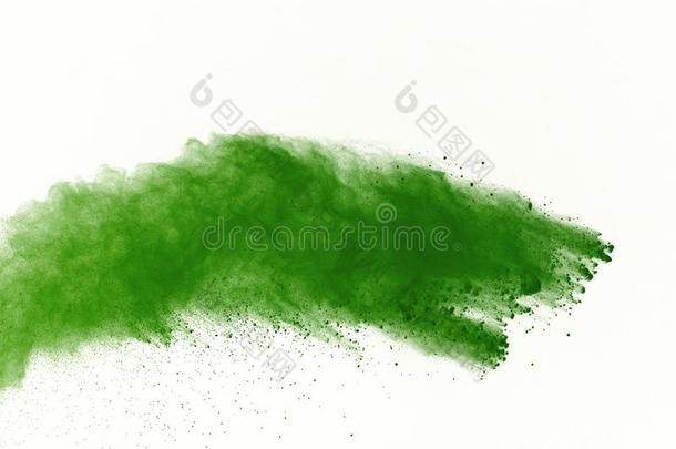使结冰运动关于绿色的粉爆炸向白色的背景.