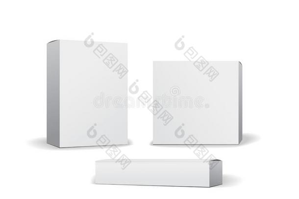 放置关于小的白色的卡纸板盒模型.矢量说明