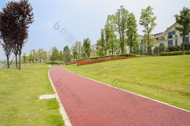 弯曲的红色的小路采用草地在之前住宅采用和煦的：照到阳光的夏