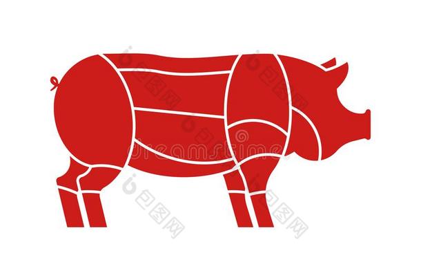 猪切.猪s将切开关于肉放置.密谋关于猪肉.动物剪影