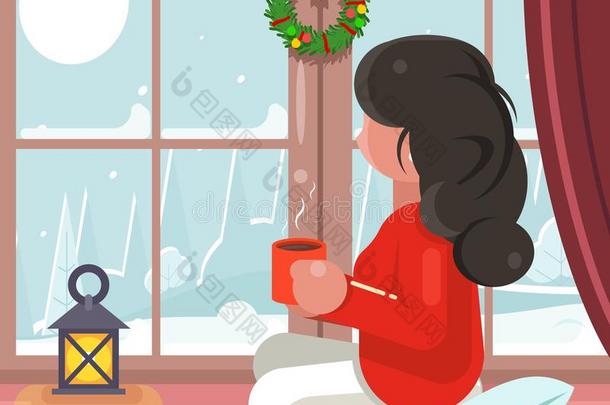 女孩坐<strong>窗雪</strong>冬背景热的喝茶水咖啡豆杯子